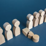 Broken man falls out of row line. Moral or physical exhaustion, weak link. Dismissal. Stress, burnout at work. Personnel purges. Excessive workload. Protecting workers rights. Health problems Broken figure falls out of row line.