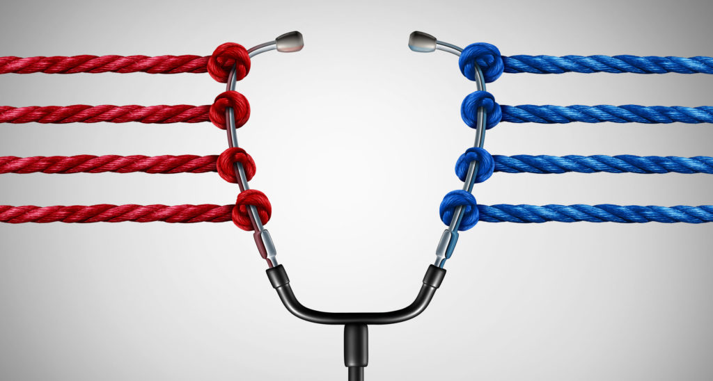 Medical politics and health reform challenges or universal healthcare system stress concept as a group of opposing ropes pulling on a doctor stethoscope as a medicine management symbol with 3D illustration elements.
