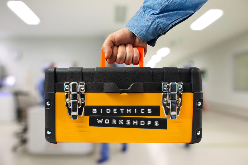 Yellow industrial toolbox with a label of bioethics workshops.