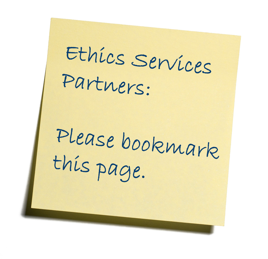 A post -it note reminding ethics services partners to bookmark this page.