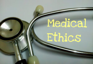 A stethoscope and the text, Medical Ethics.
