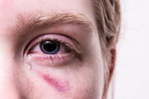 A close up of a man with a tear coming from his eye.