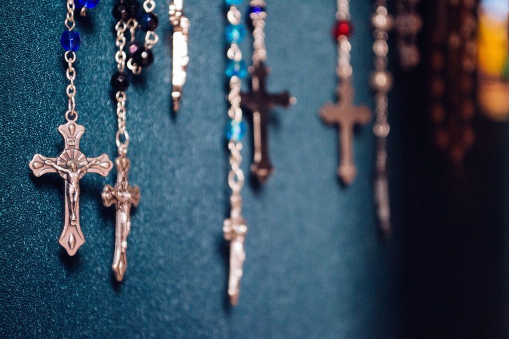 A display of Catholic rosaries.