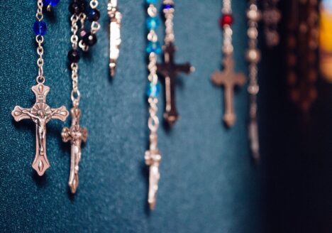 A display of Catholic rosaries.