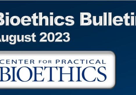 The August bioethics email newsletter header.