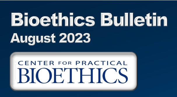 The August bioethics email newsletter header.