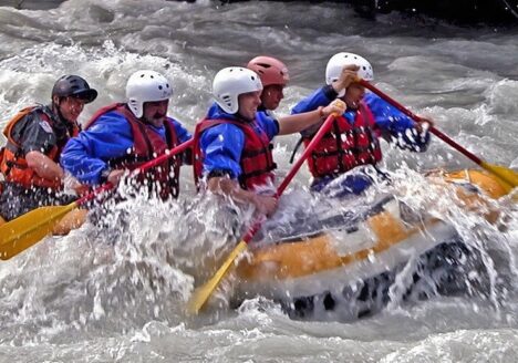 Group of people white water rafting.
