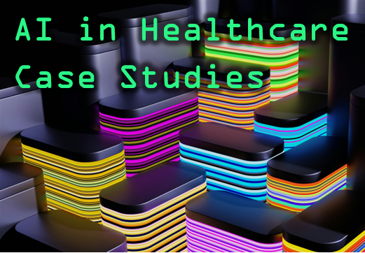 AI in Healthcare Case Studies graphic of neon lit platforms.