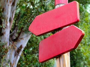 A blank directional sign pointing in opposite directions.