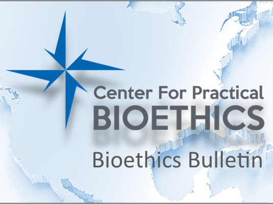 The Center's Bioethics Bulletin header of a modern map of the United States with our logo on it.