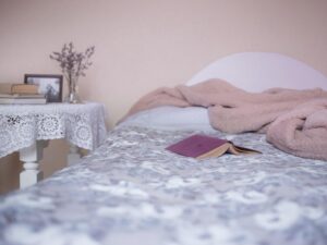 A bed and night stand.