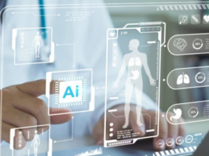 Screen graphic of AI and healthcare images.