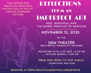 The graphic advertising the Flanigan Lecture of an outline of a saxophone player.