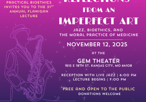 The graphic advertising the Flanigan Lecture of an outline of a saxophone player.