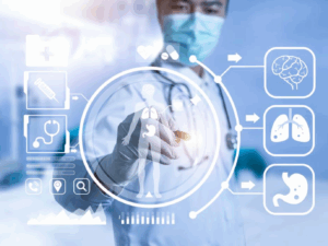 AI story Healthcare infographics with a clinician in background.