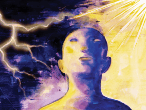 Reverse it story Art work with a person looking to the sky with sunshine and lightning.