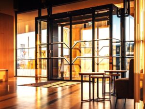 Hospital entrance automatic doors.